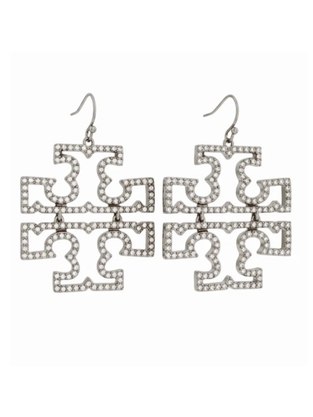 TORY BURCH • Silver Britten Crystal Logo Drop Earrings